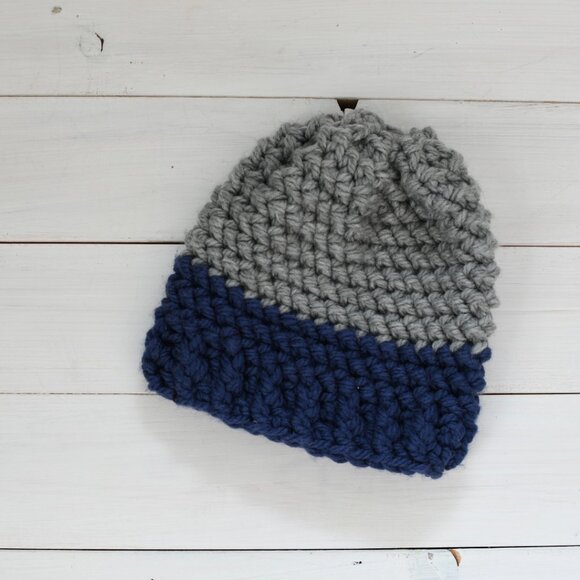 Toddler Colour Block Crochet Hat Removable Pompom | Grey and Blue Winter Toque - Picture 1 of 5